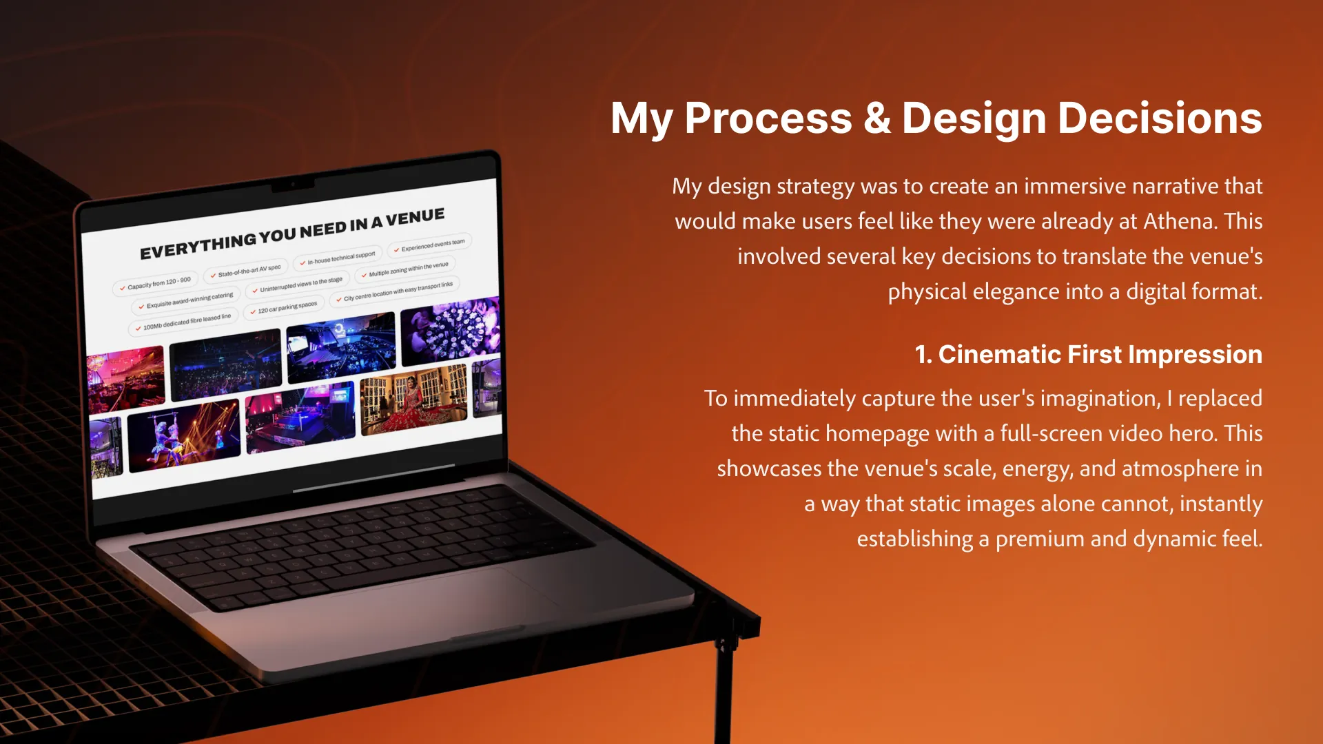 Athena homepage on a laptop showing the venue’s event spaces
