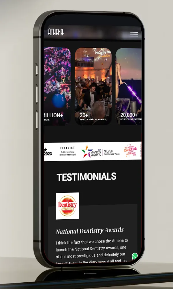Athena mobile site with venue stats and testimonials