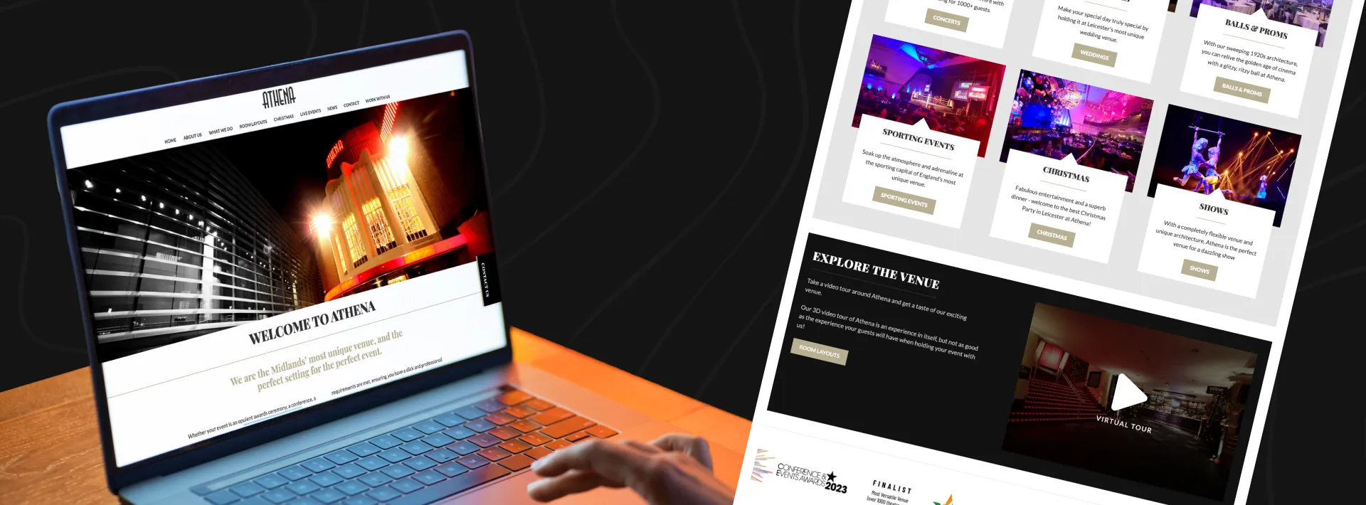 Athena’s previous website on a laptop and a long scrolling page