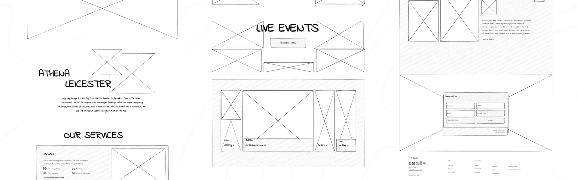 Hand-drawn wireframes for the Athena homepage, events and testimonials