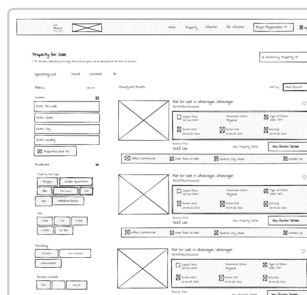 Low-fidelity wireframes of the BAANKNET search and property listing pages