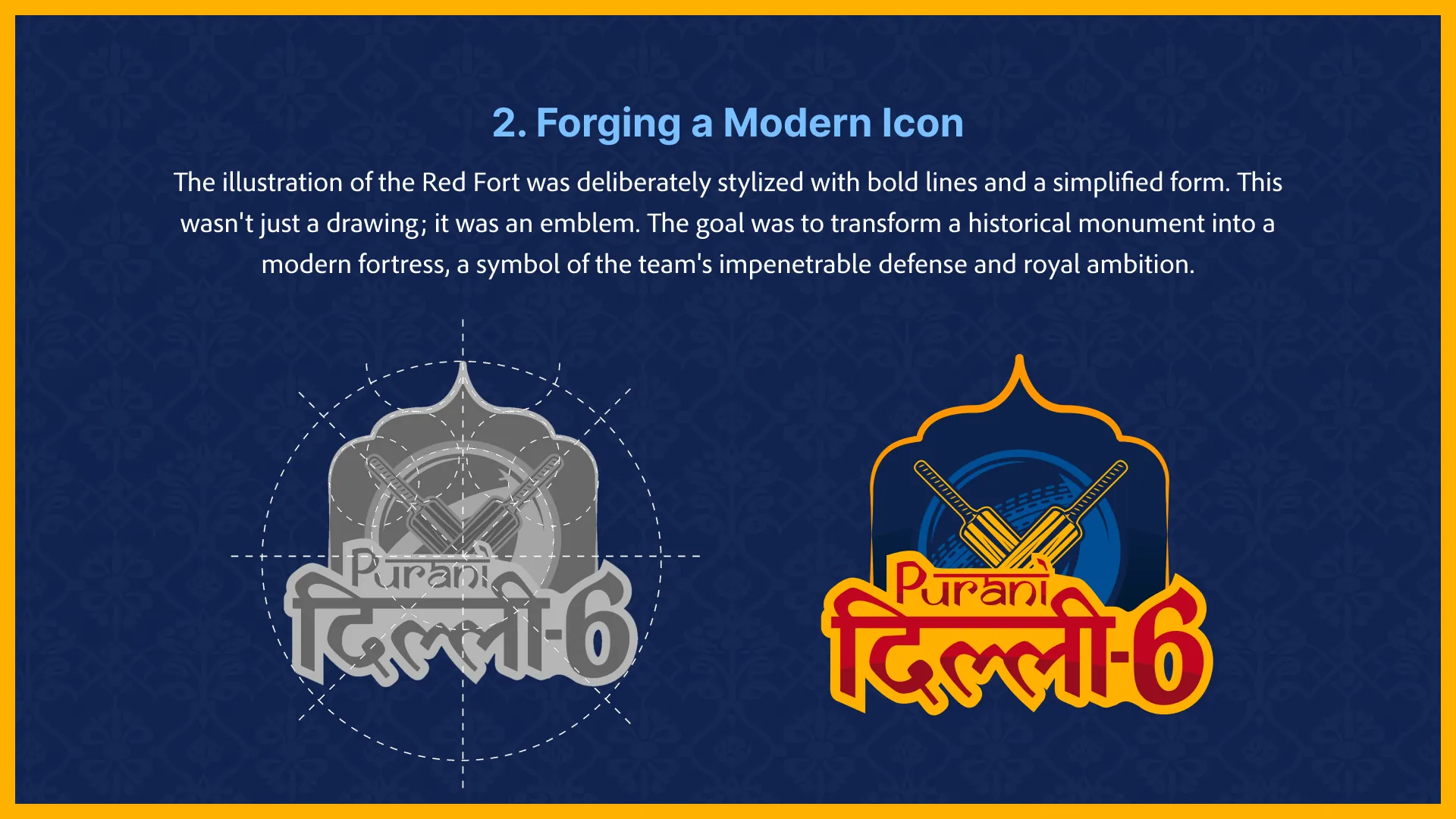 Construction grid and final Purani Dilli 6 logo