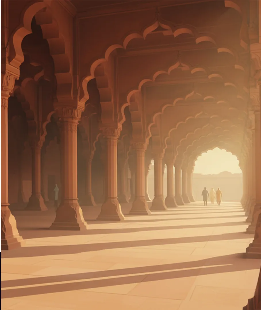 Arched colonnade in Old Delhi at sunset
