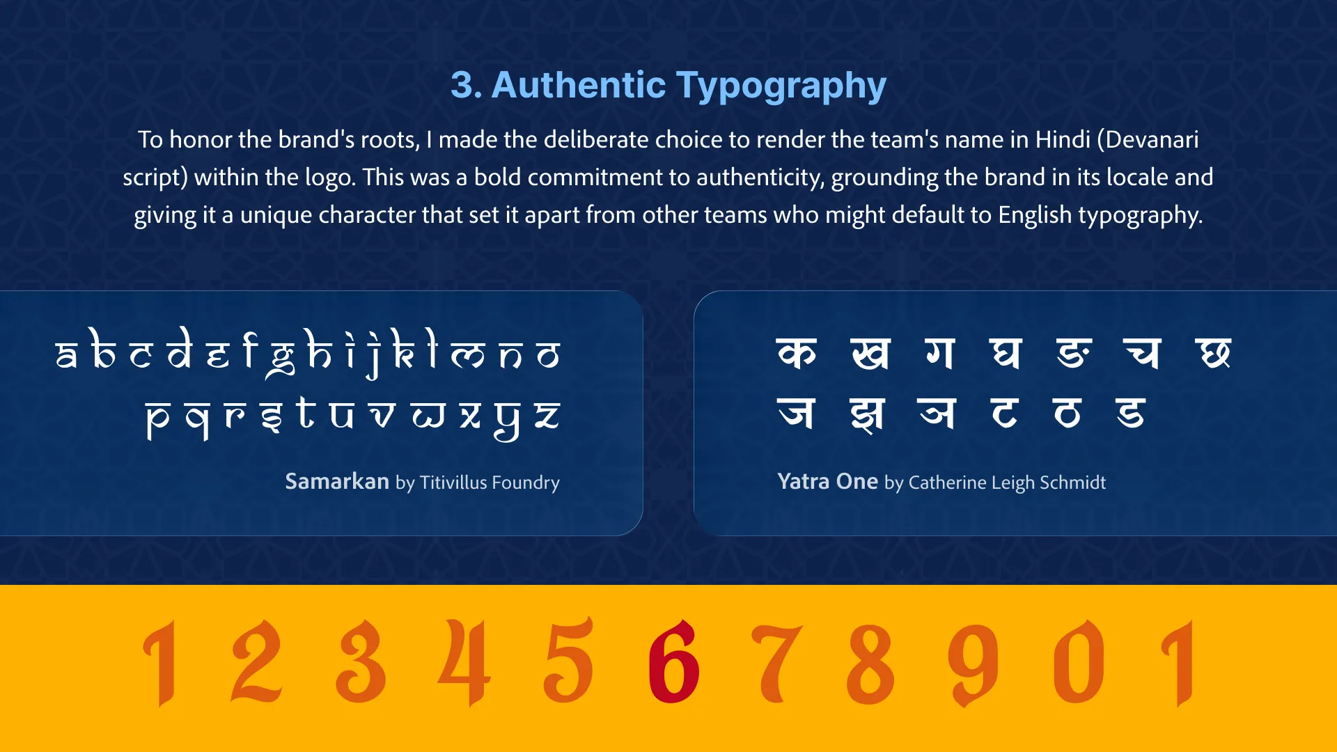 Samarkan and Yatra One typefaces with the team’s numerals